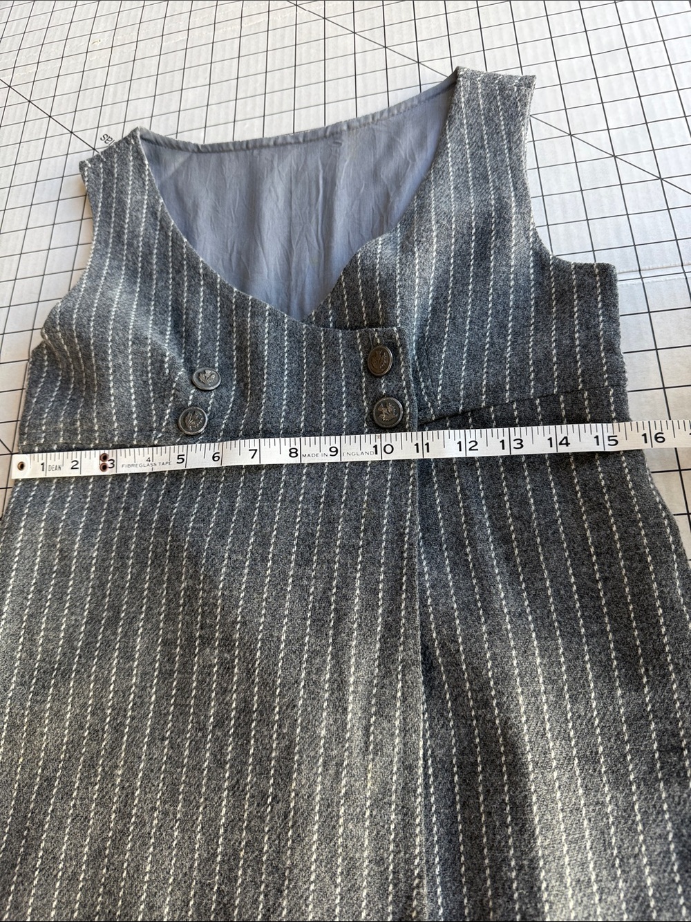 Gray Wool Pinstripe Jumper Tunic Pinafore Thistle Buttons Lined A-Line XS S - Picture 11 of 16